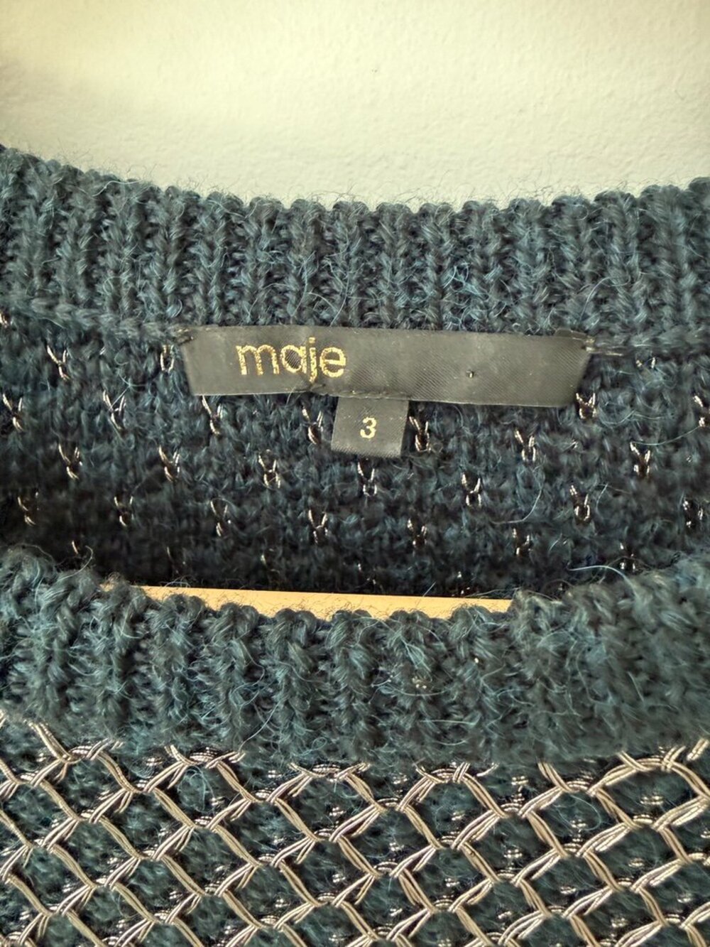 MAJE Navy Blue & Silver Metallic Knit Pullover Crewneck Sweater - Size 3 / L - Picture 3 of 4